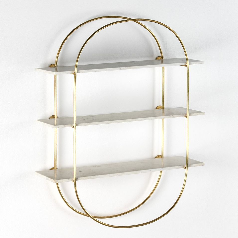 Étagère murale 3 plateaux marbre blanc et métal doré Qies - Photo n°1