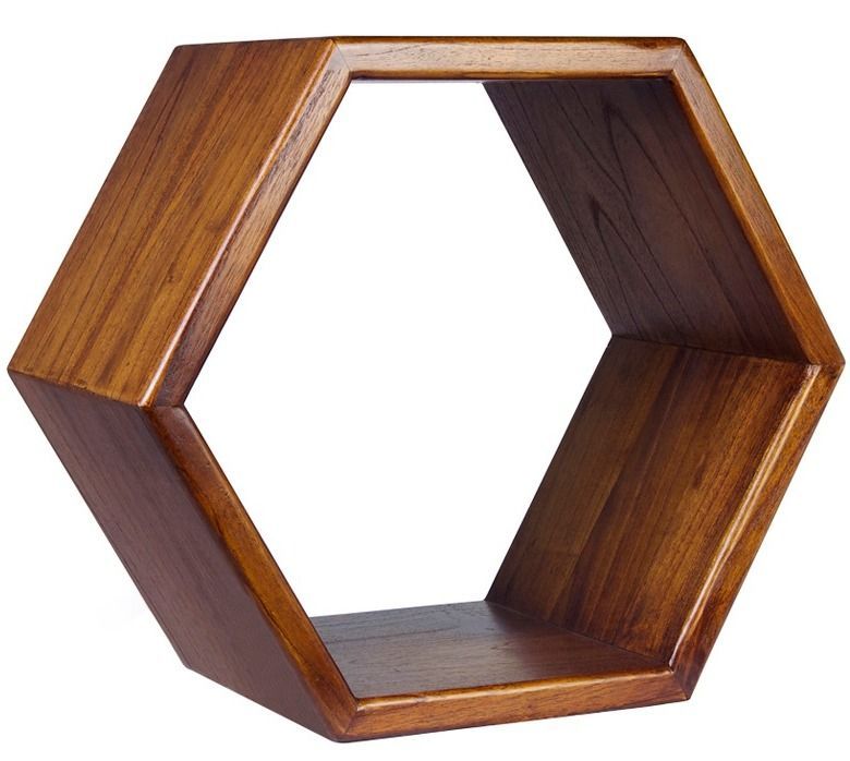 Etagère murale hexagonale KRETOS – Bois massif marron – 40 cm - Photo n°1