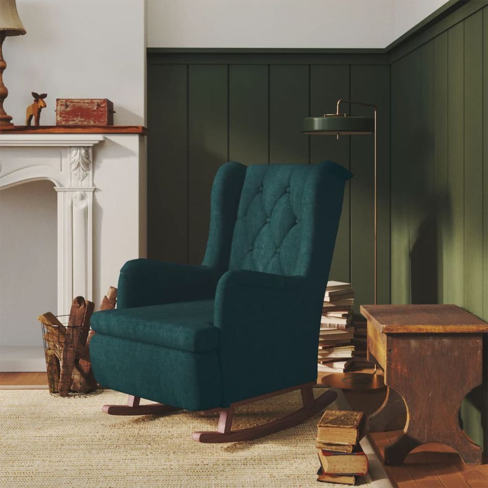 Fauteuil avec pieds à bascule en bois d'hévéa Bleu Velours - Photo n°1