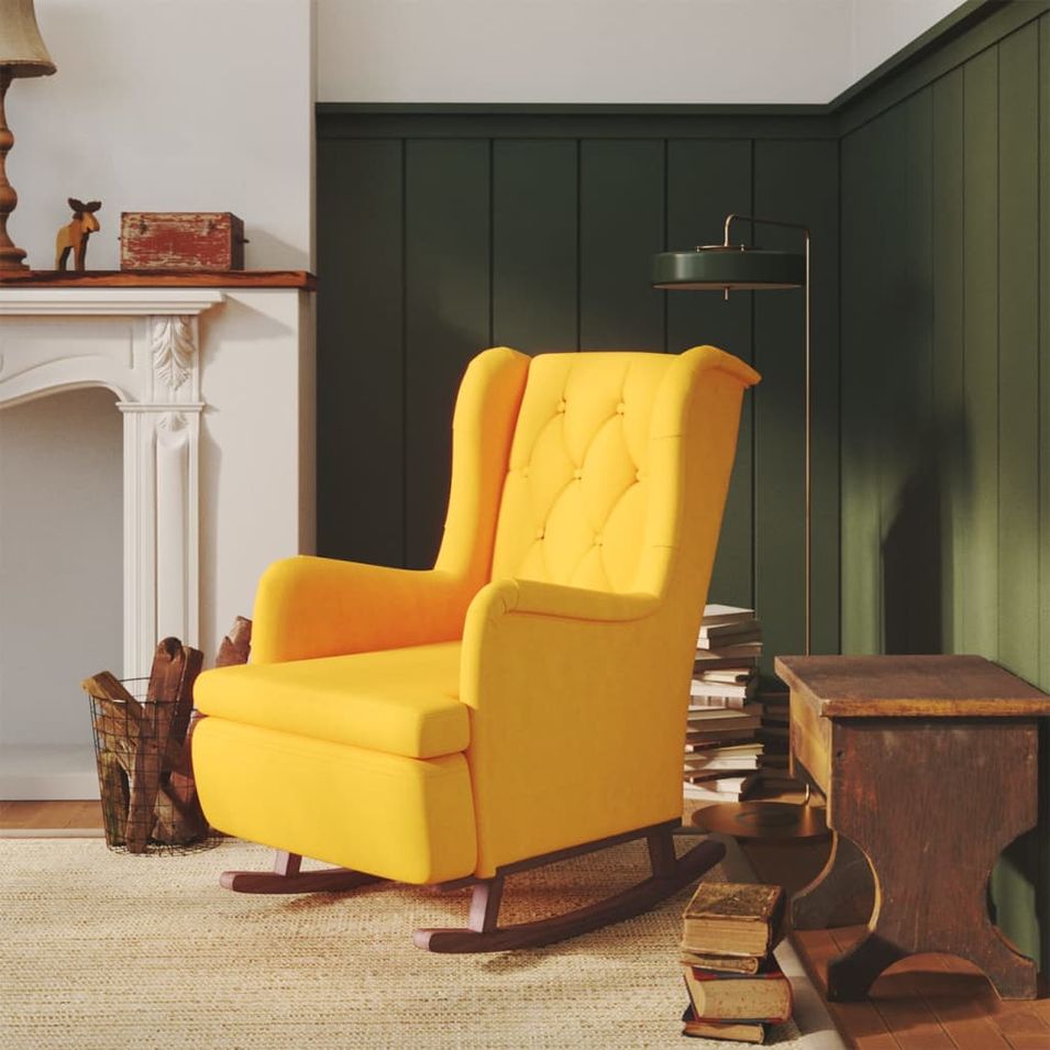 Fauteuil avec pieds à bascule en bois d'hévéa Jaune Velours - Photo n°1