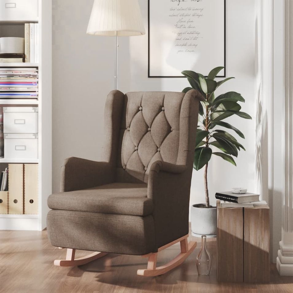Fauteuil avec pieds à bascule en bois d'hévéa Taupe Tissu - Photo n°1