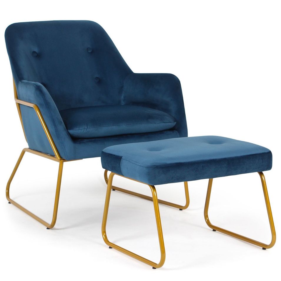 Fauteuil avec repose-pieds velours bleu et métal doré Chael - Photo n°1