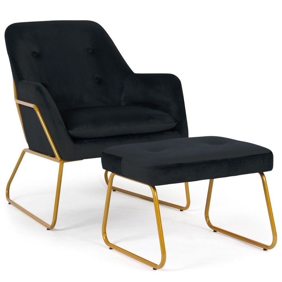 Fauteuil avec repose-pieds velours noir et métal doré Chael - Photo n°1