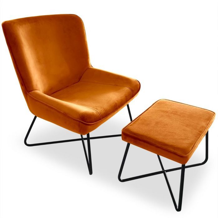 Fauteuil avec repose-pieds velours orange et métal noir Utamo - Photo n°1
