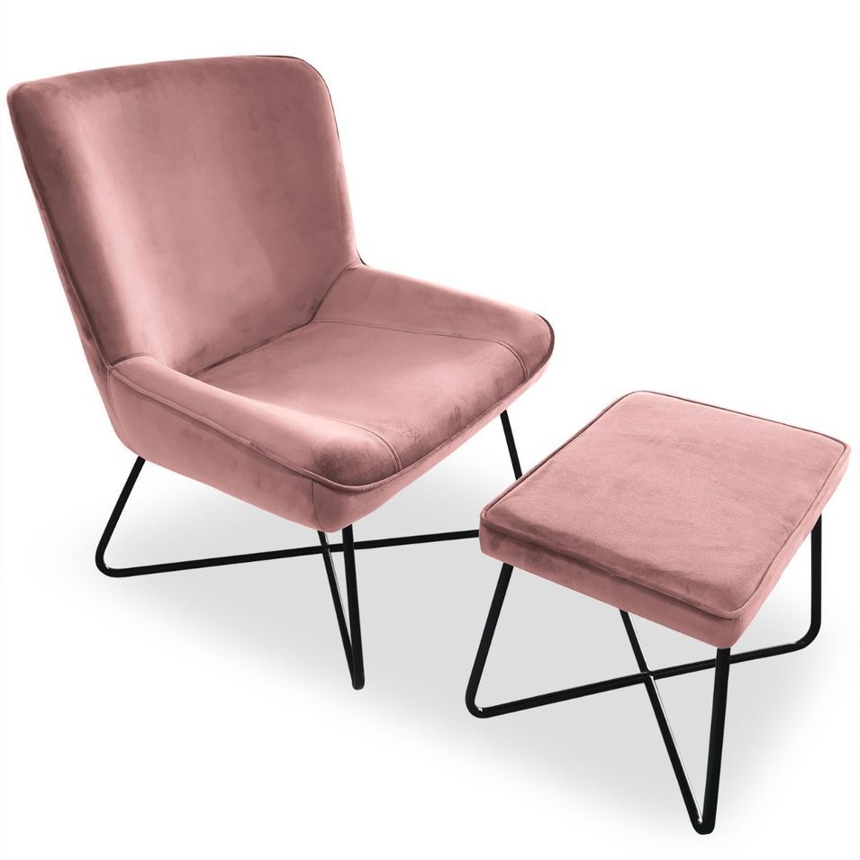 Fauteuil avec repose-pieds velours rose et métal noir Souba - Photo n°1