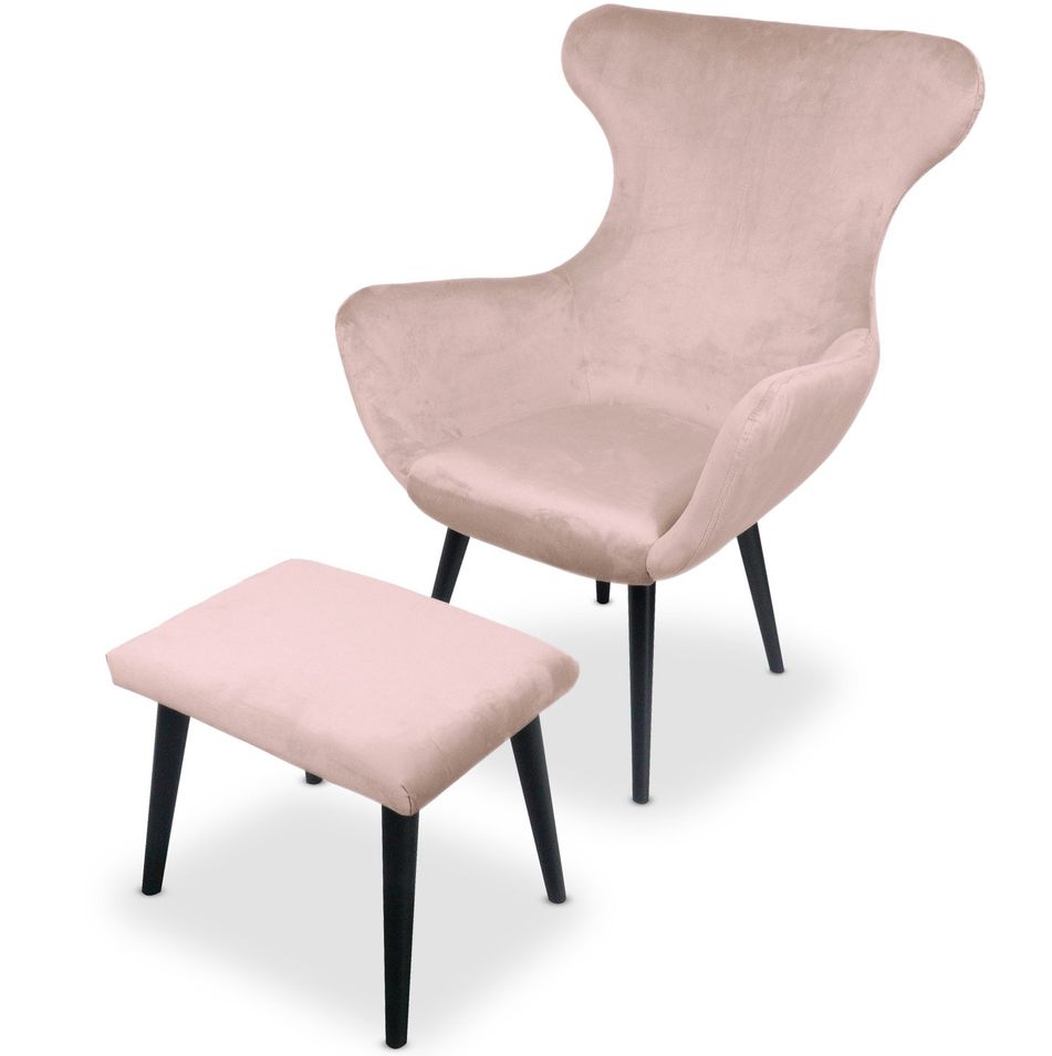 Fauteuil avec repose-pieds velours rose et pieds noir Kantus - Photo n°1