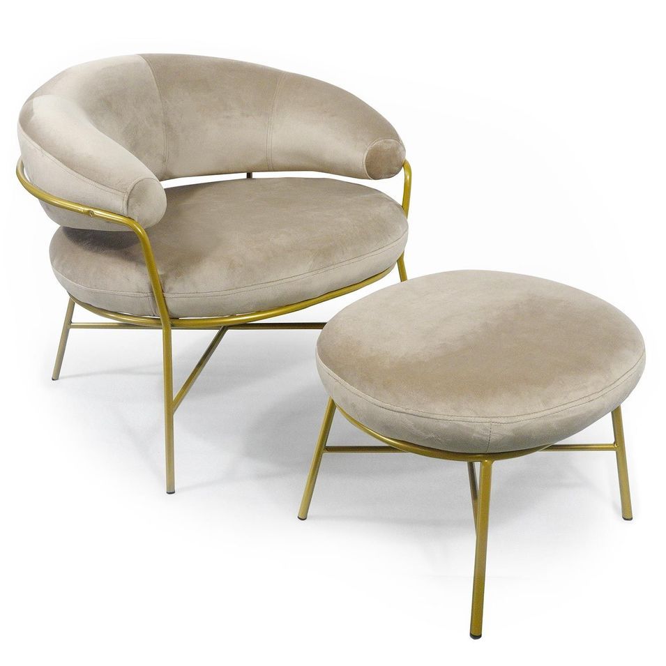 Fauteuil avec repose-pieds velours taupe et métal doré Illem - Photo n°1