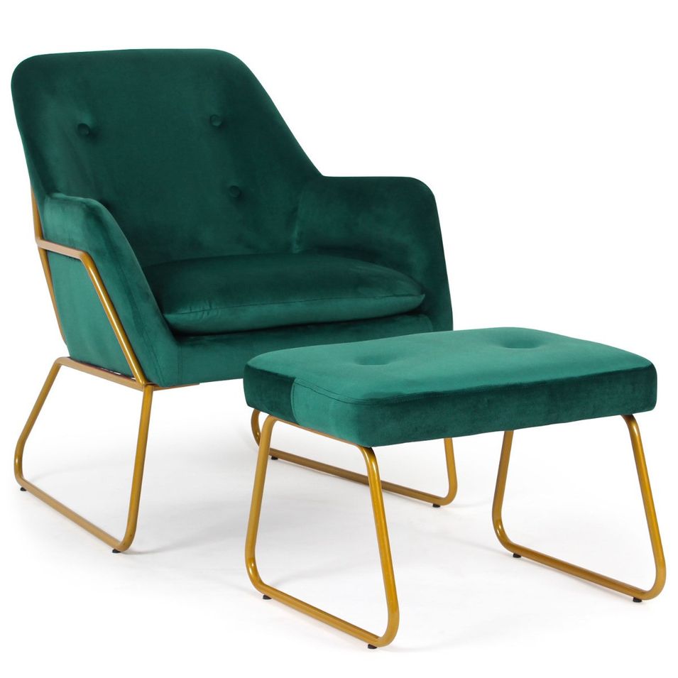 Fauteuil avec repose-pieds velours vert et métal doré Chael - Photo n°1