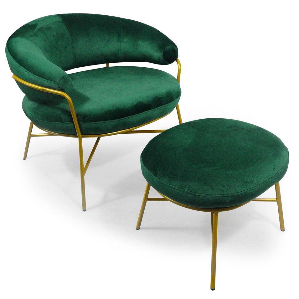 Fauteuil avec repose-pieds velours vert et métal doré Illem - Photo n°1