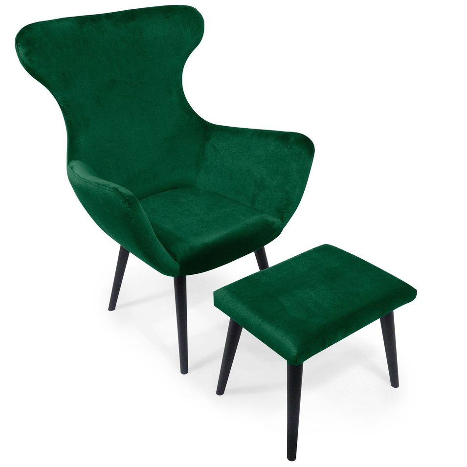 Fauteuil avec repose-pieds velours vert et pieds noir Kantus - Photo n°1