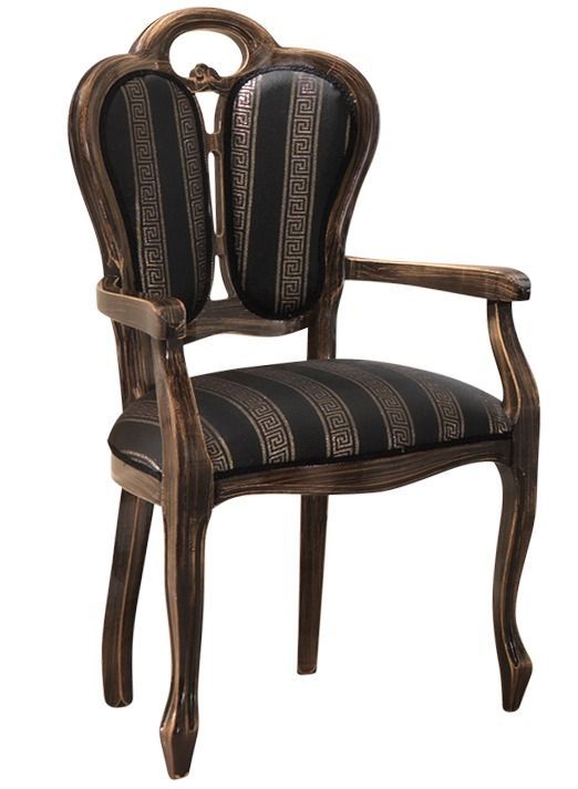 Fauteuil bois massif marron et assise tissu noir avec motifs dorés Kerla - Photo n°1