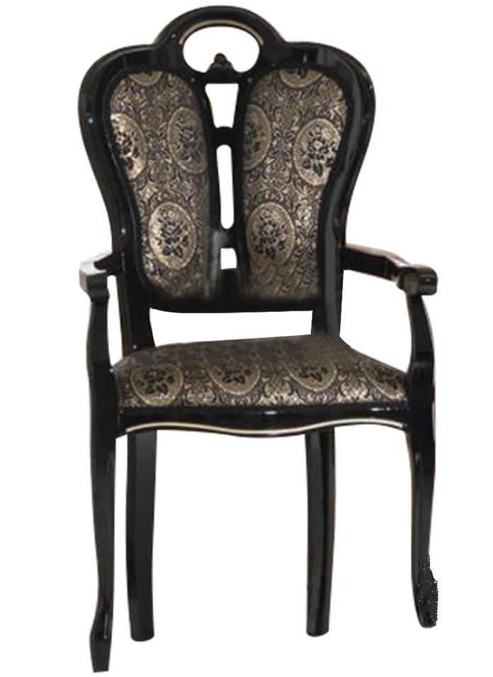 Fauteuil bois vernis laqué brillant et assise tissu noir avec motifs dorés Kerla - Photo n°1