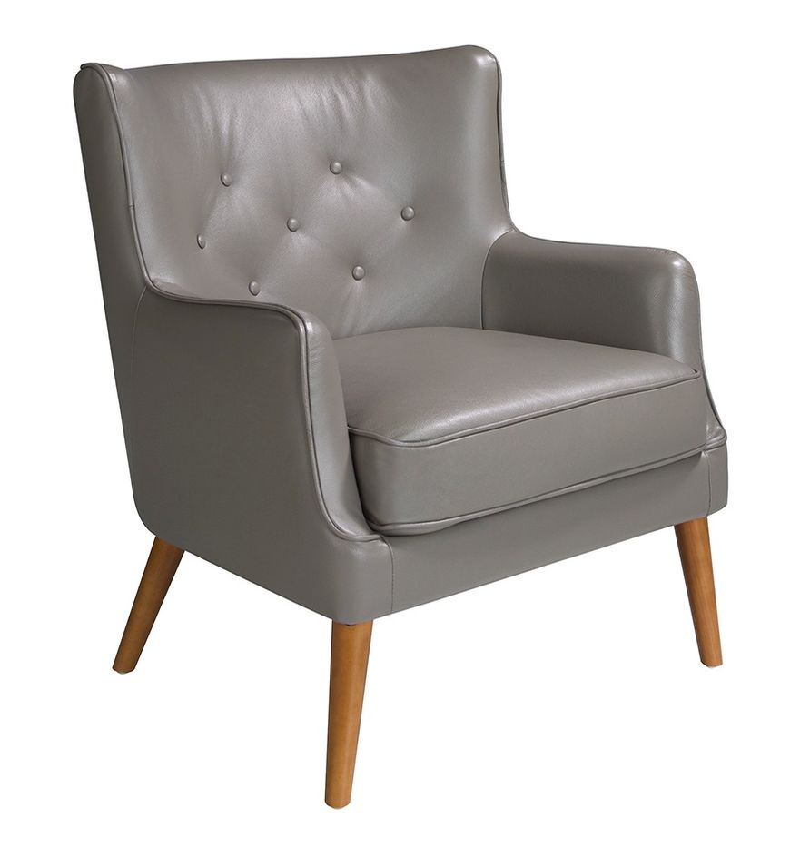 Fauteuil capitonné en bois massif et cuir gris Zania - Photo n°1