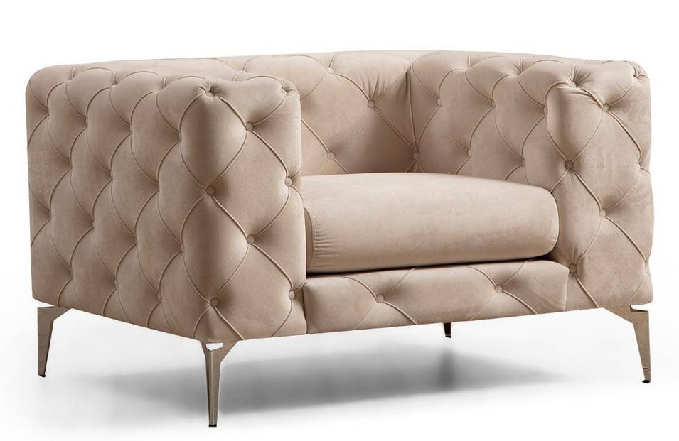 Fauteuil capitonné velours beige clair et pieds chromés Herakles 108 cm - Photo n°1