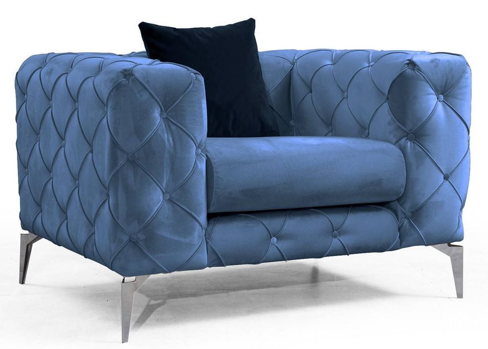 Fauteuil capitonné velours bleu et pieds chromés Herakles 108 cm - Photo n°1