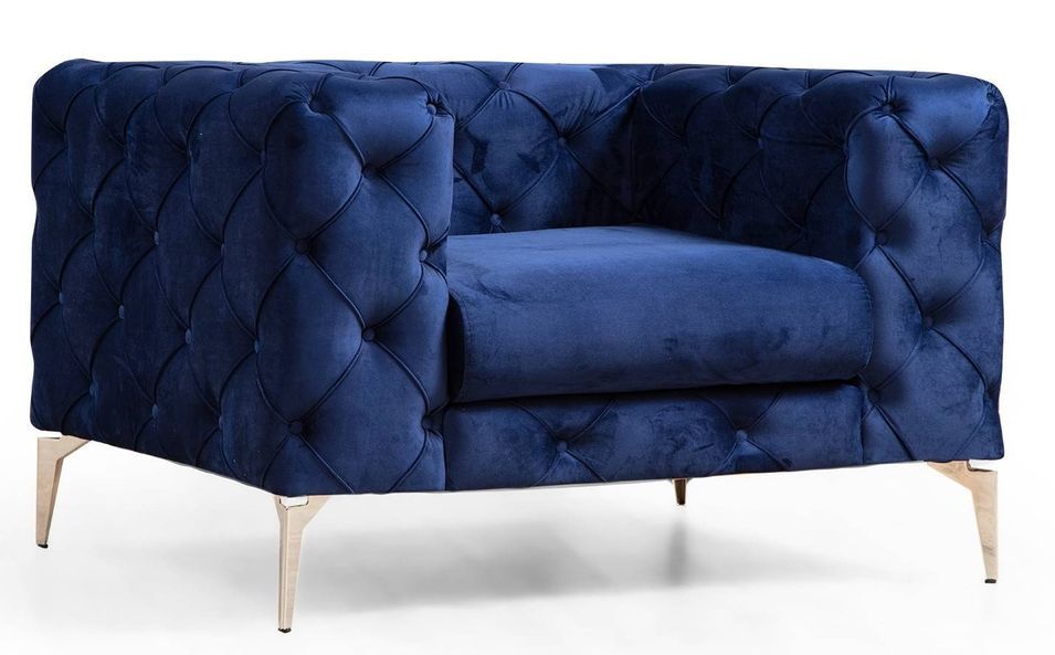 Fauteuil capitonné velours bleu marine et pieds chromés Herakles 108 cm - Photo n°1