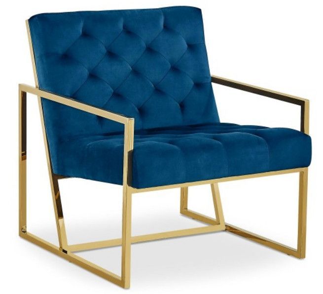 Fauteuil capitonné velours bleu pieds métal doré Danisse - Photo n°1