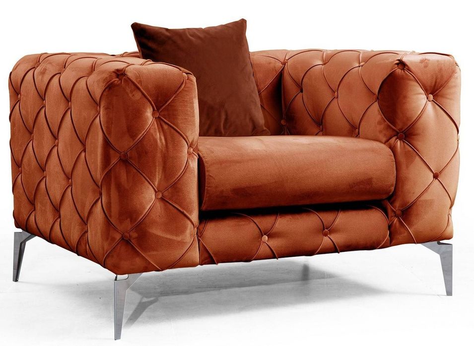 Fauteuil capitonné velours orange et pieds chromés Herakles 108 cm - Photo n°1
