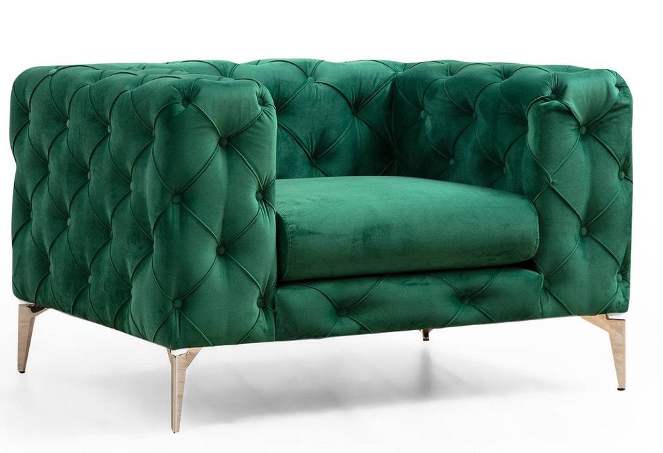 Fauteuil capitonné velours vert et pieds chromés Herakles 108 cm - Photo n°1