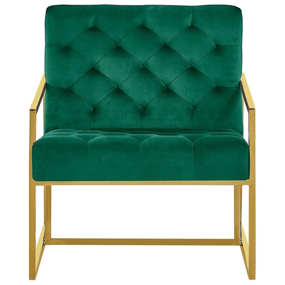 Fauteuil capitonné velours vert pieds métal doré Danisse - Photo n°1