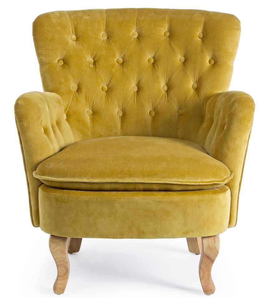 Fauteuil chesterfield ORIA – Coton matelassé jaune & pieds en bois naturel - Photo n°1