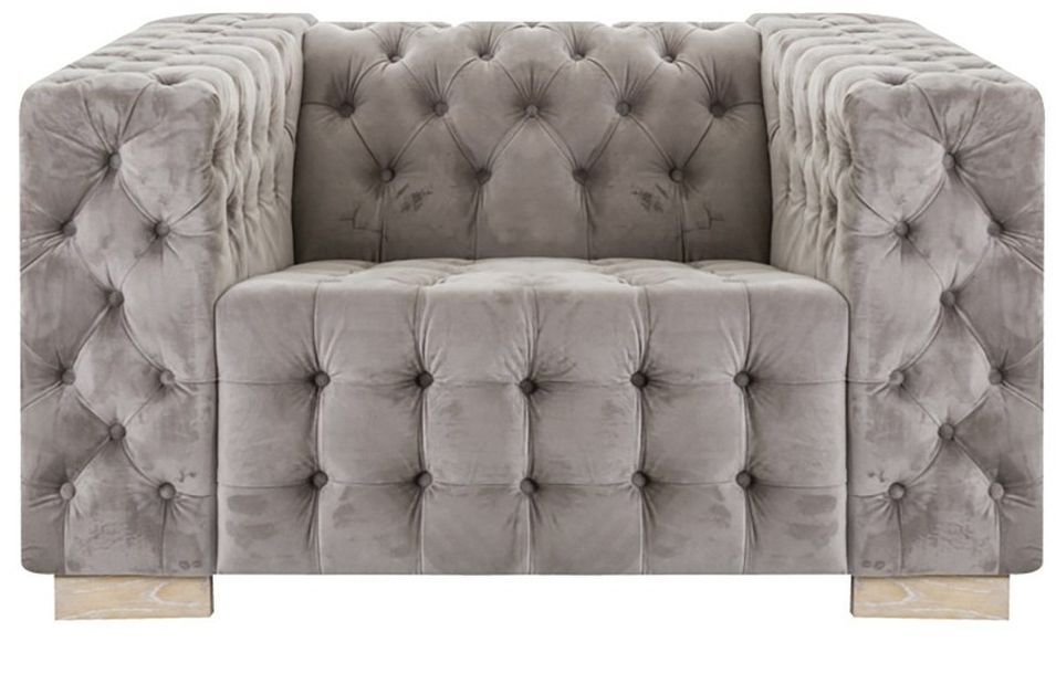 Fauteuil Chesterfield velours et pieds bois de chêne gris Ours - Photo n°1
