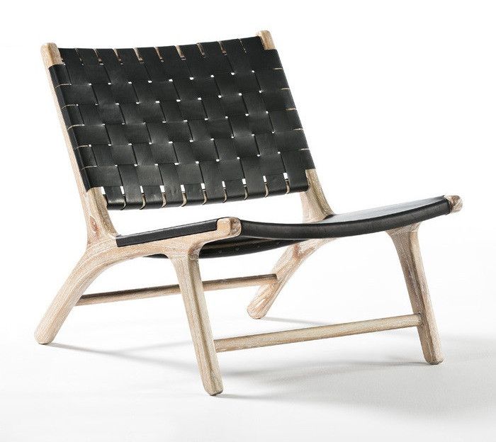 Fauteuil cuir noir et bois massif clair - Photo n°1