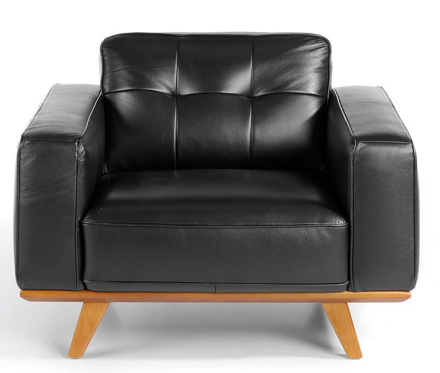 Fauteuil cuir noir matelassé et pieds bois massif Kiro - Photo n°1