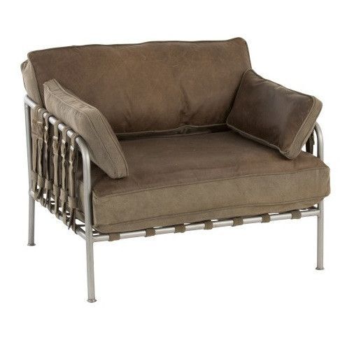 Fauteuil cuir vert kaki et pieds métal argenté Verde - Photo n°1