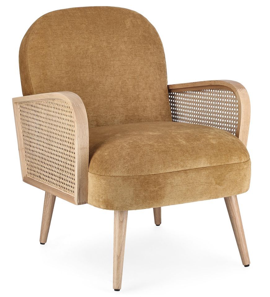 Fauteuil DALIDA – Bois naturel & rotin, assise velours jaune moutarde - Photo n°1