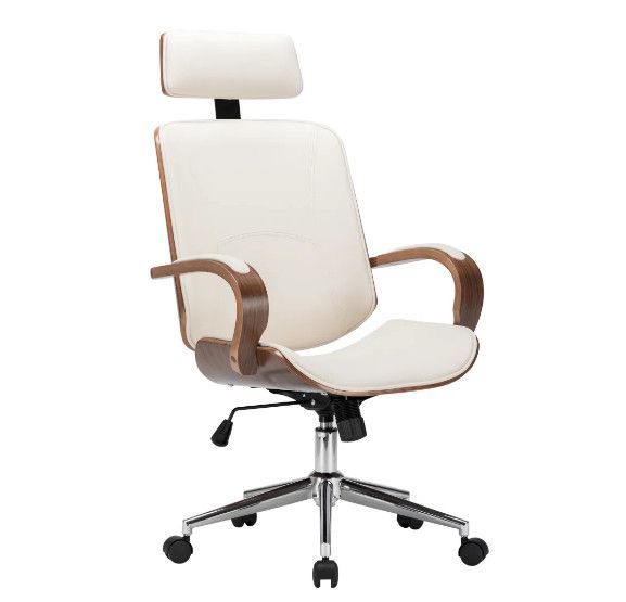 Fauteuil de bureau avec appuie-tête simili cuir beige et bois courbé foncé Cine - Photo n°1