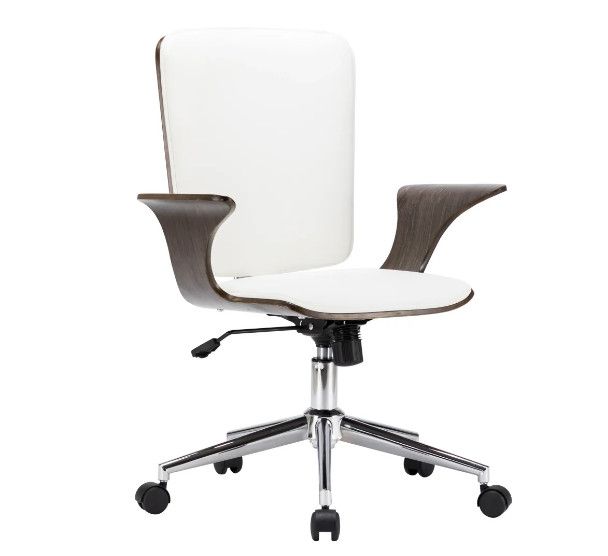 Fauteuil de bureau simili cuir blanc et bois courbé gris - Photo n°1