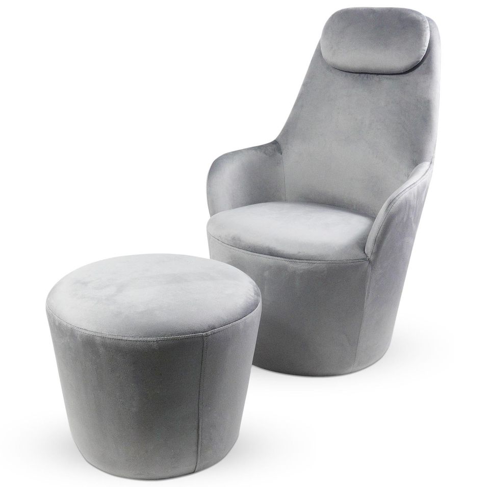 Fauteuil design avec repose-pieds velours argenté Lanod - Photo n°1