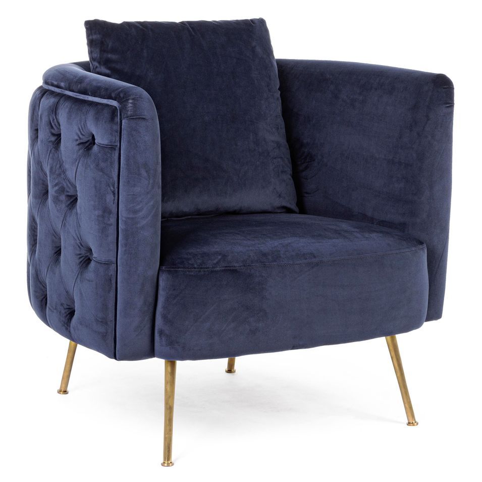 Fauteuil design capitonné bleu marine et pieds doré Tanka 83 cm - Photo n°1