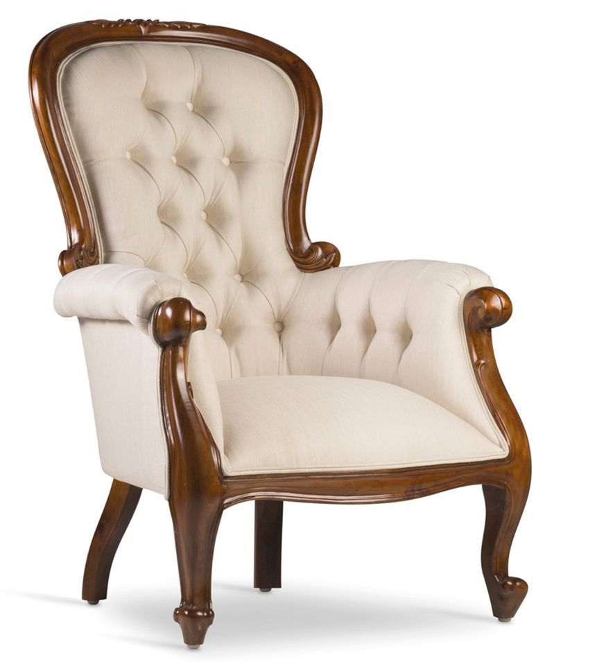 Fauteuil en bois d'acajou marron et assise tissu beige CASTLE - Style colonial - Photo n°1