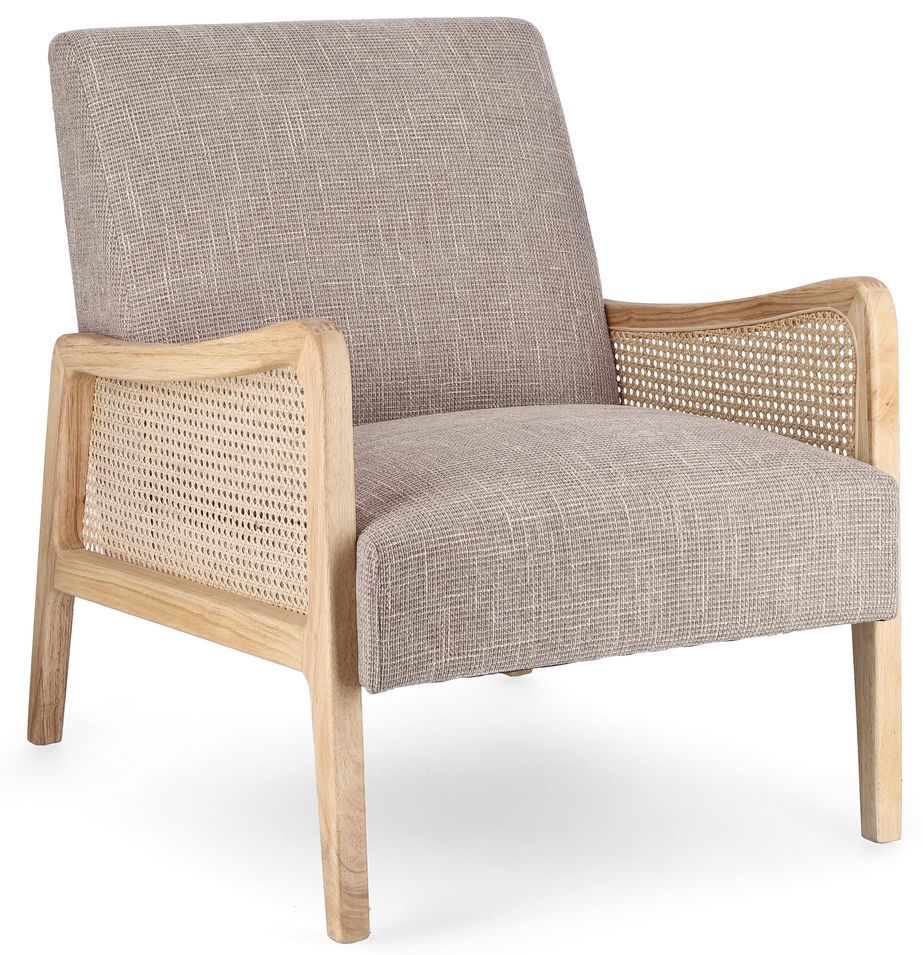 Fauteuil en bois de pin et rotin assise tissu gris Denvar 68 cm - Photo n°1