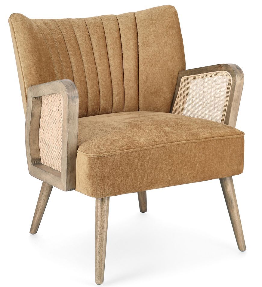 Fauteuil en bois naturel et rotin assise velours moutarde Rucha 64 cm - Photo n°1
