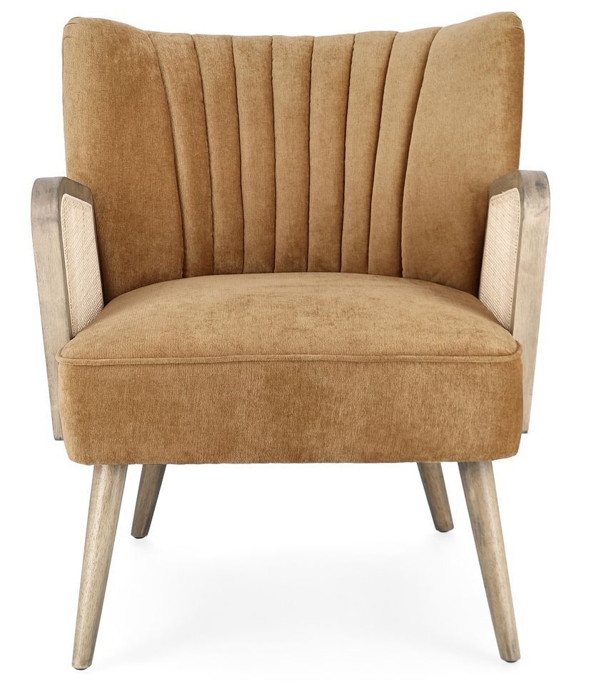 Fauteuil en bois naturel et rotin assise velours moutarde Rucha 64 cm - Photo n°2