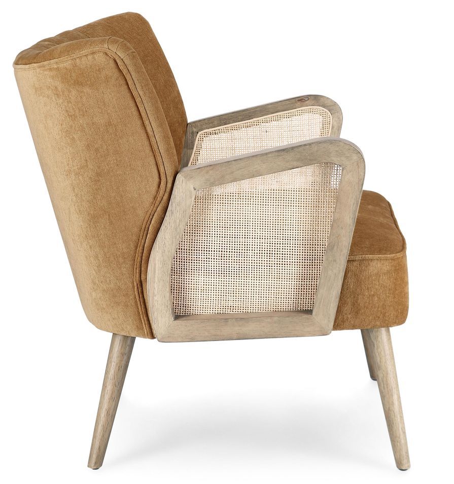 Fauteuil en bois naturel et rotin assise velours moutarde Rucha 64 cm - Photo n°3