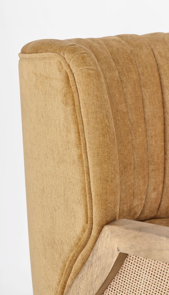 Fauteuil en bois naturel et rotin assise velours moutarde Rucha 64 cm - Photo n°5