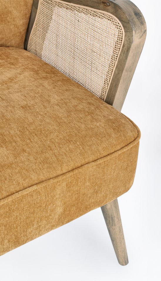 Fauteuil en bois naturel et rotin assise velours moutarde Rucha 64 cm - Photo n°6