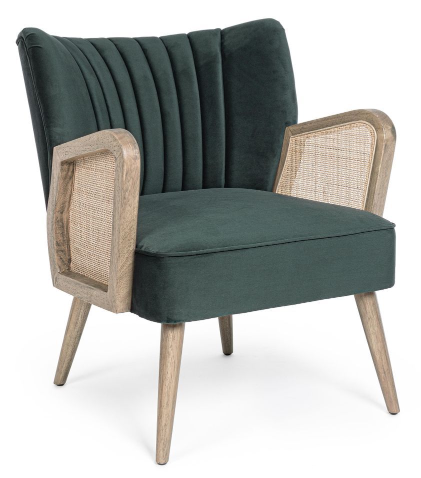 Fauteuil en bois naturel et rotin assise velours vert Rucha 64 cm - Photo n°1