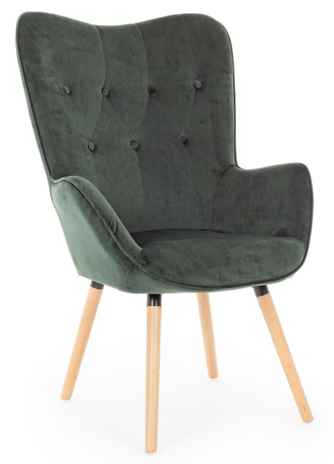 Fauteuil en velours vert et pieds en bois Roméo - Photo n°1
