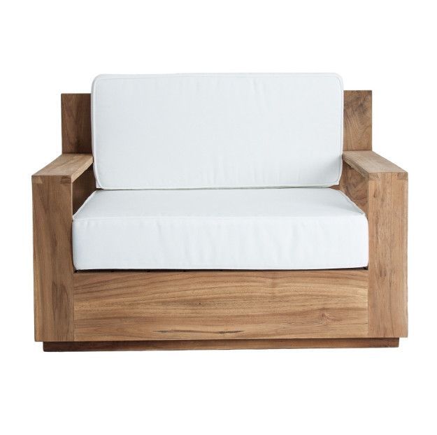 Fauteuil large tissu blanc et teck massif clair Zen - Photo n°1