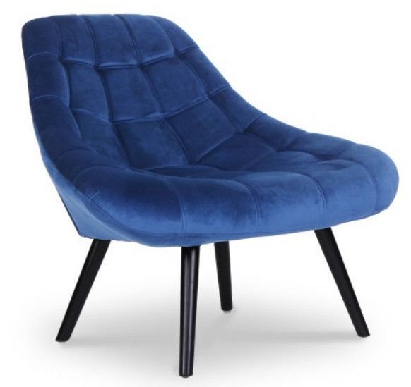 Fauteuil large velours bleu et pieds bois noir Dani - Photo n°1
