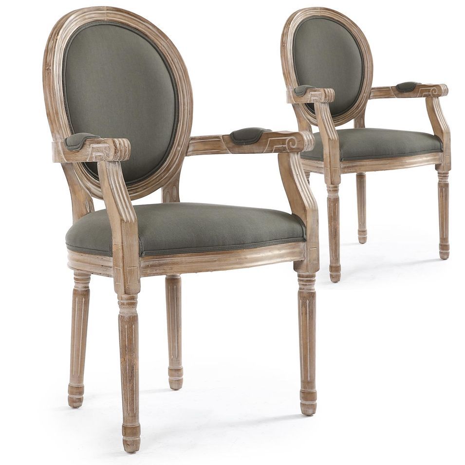 Fauteuil médaillon bois vieilli et tissu gris Louis XVI - Lot de 2 - Photo n°1