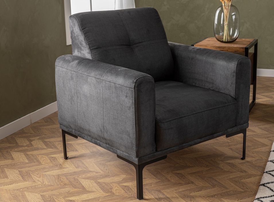 Fauteuil moderne tissu doux anthracite pieds métal noir Kustone 88 cm - Photo n°1