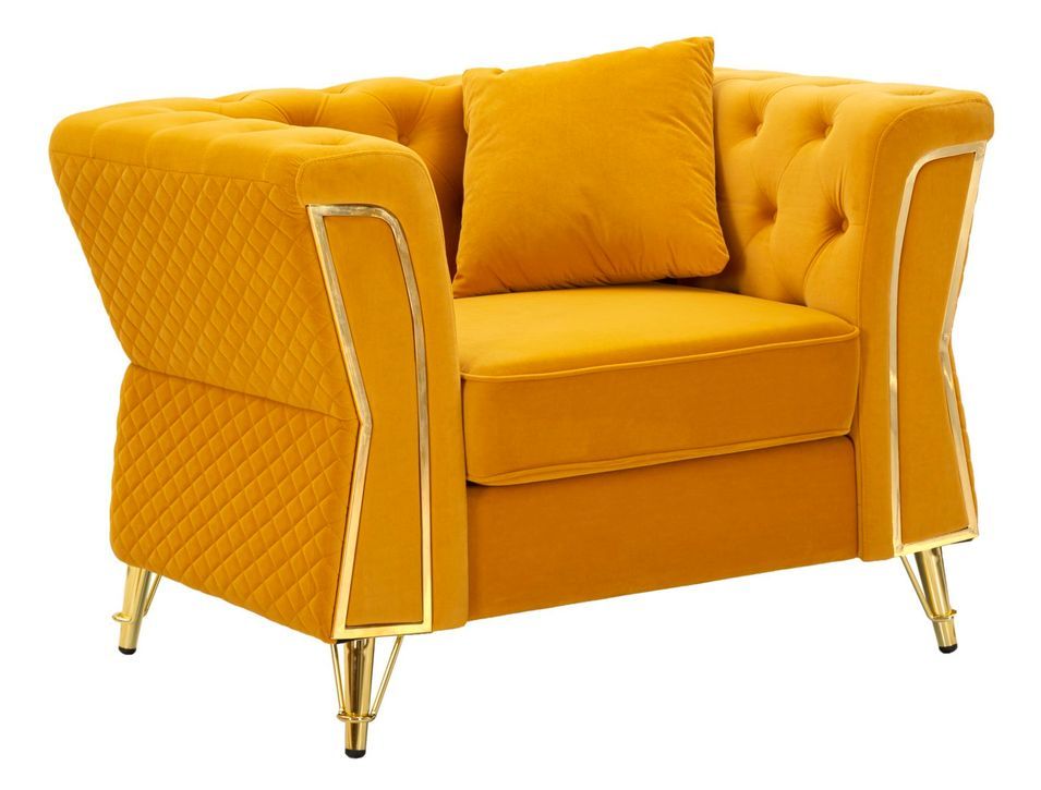 Fauteuil moutarde velours matelassé design Emy - Photo n°1
