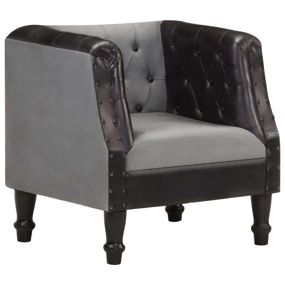 Fauteuil Noir Cuir véritable et bois de manguier massif 2 - Photo n°1