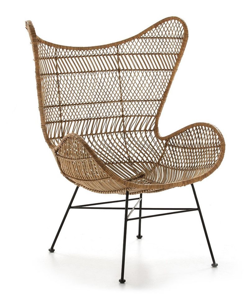 Fauteuil osier tissé naturel et pieds métal noir - Photo n°1